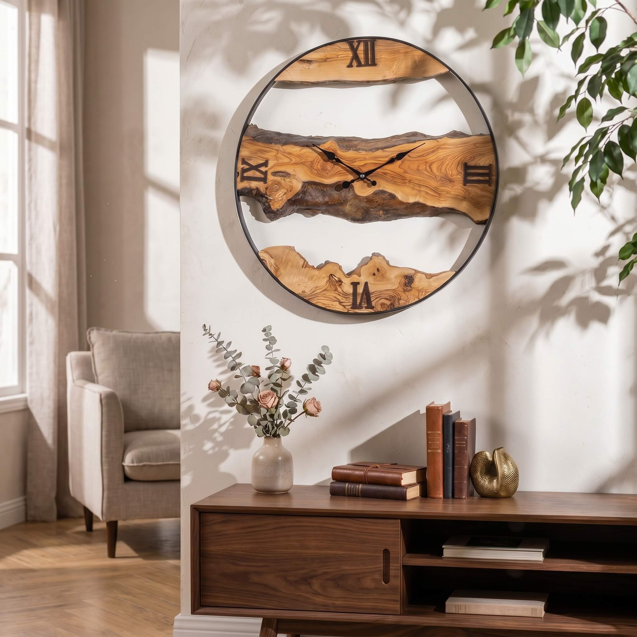 Metal and Olive Wood Wall Clock